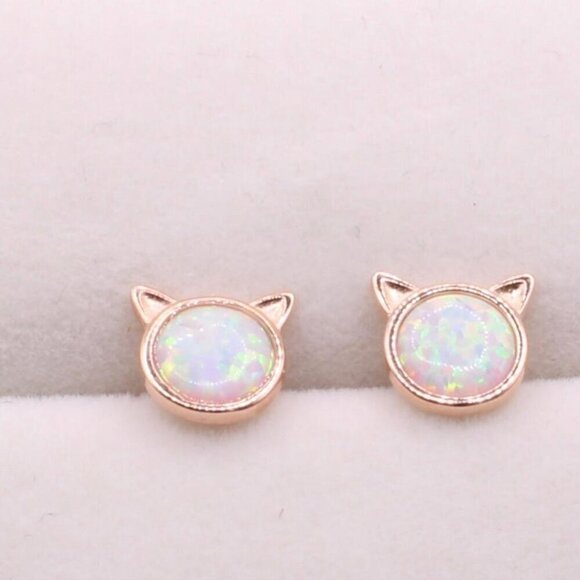 925 Sterling Silver Rose Gold Opal Kitty Cat Stud Earrings - Picture 2 of 5